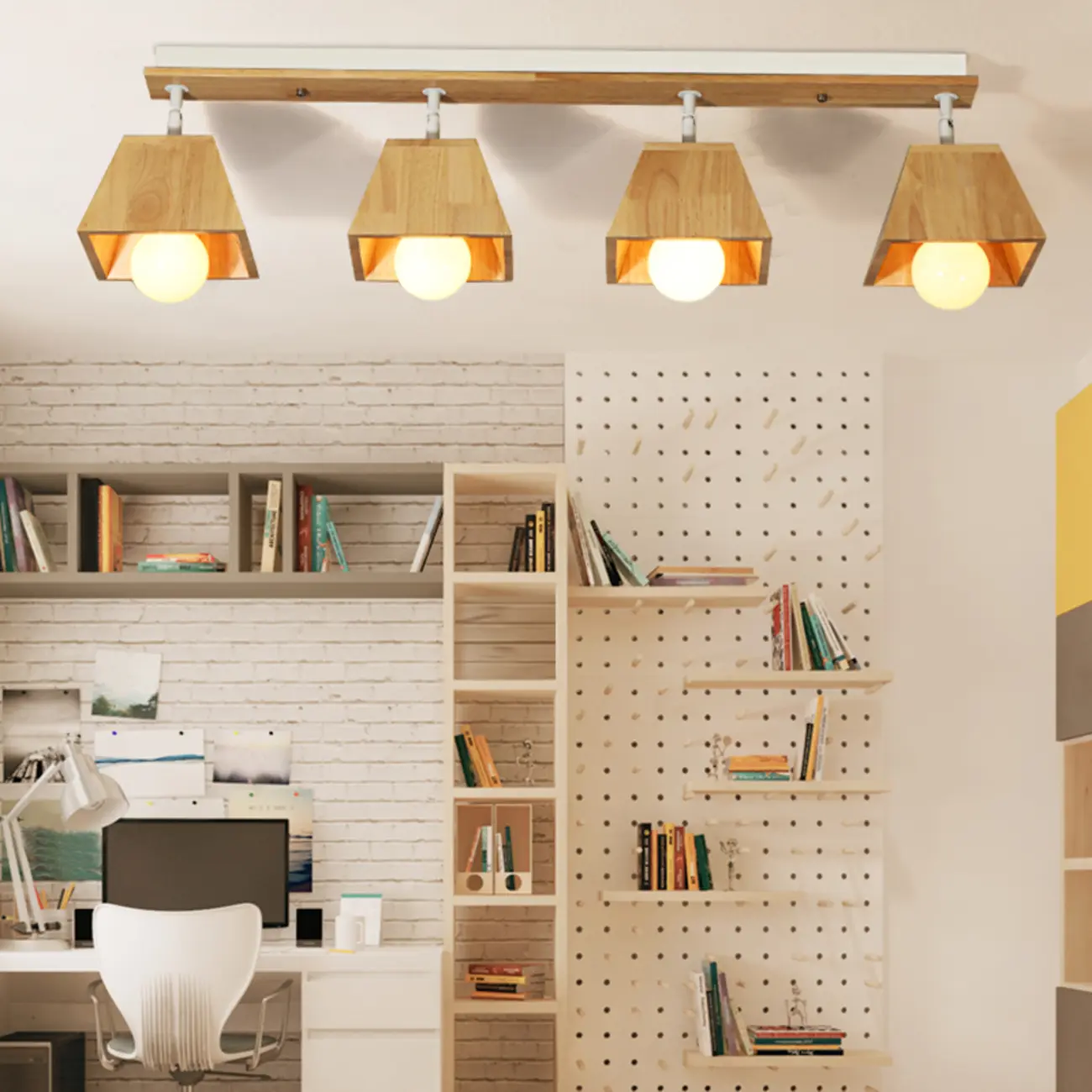 4-Light Wood Fixed Track Lighting Modern LED Adjustable Head | homeyfad