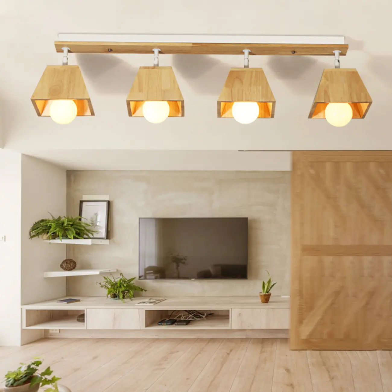 4-Light Wood Fixed Track Lighting Modern LED Adjustable Head | homeyfad