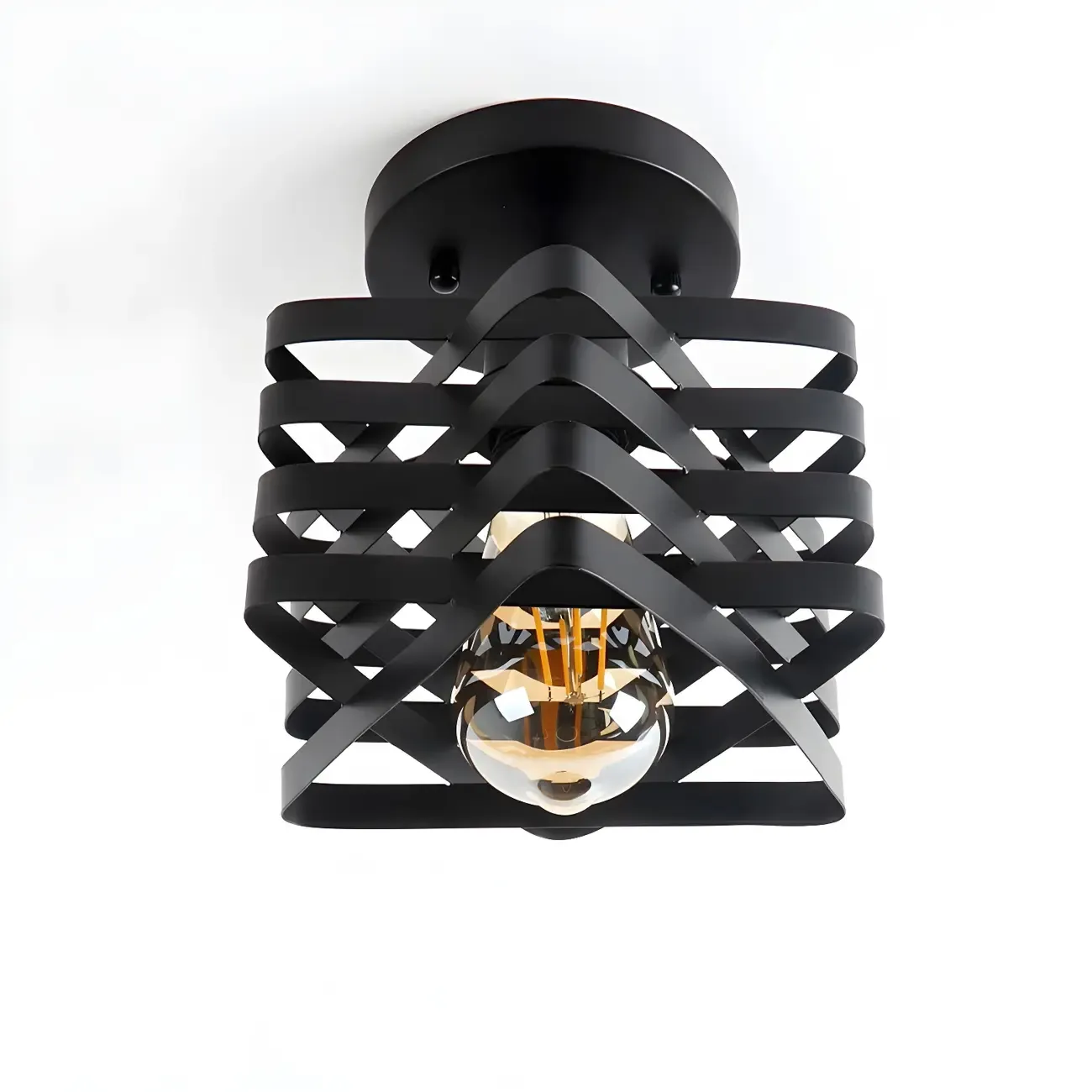 Geometric Black Industrial Iron Semi Flush Ceiling Light Image - 7