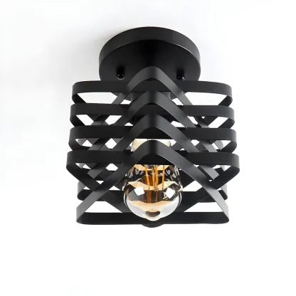 Geometric Black Industrial Iron Semi Flush Ceiling Light Image - 7