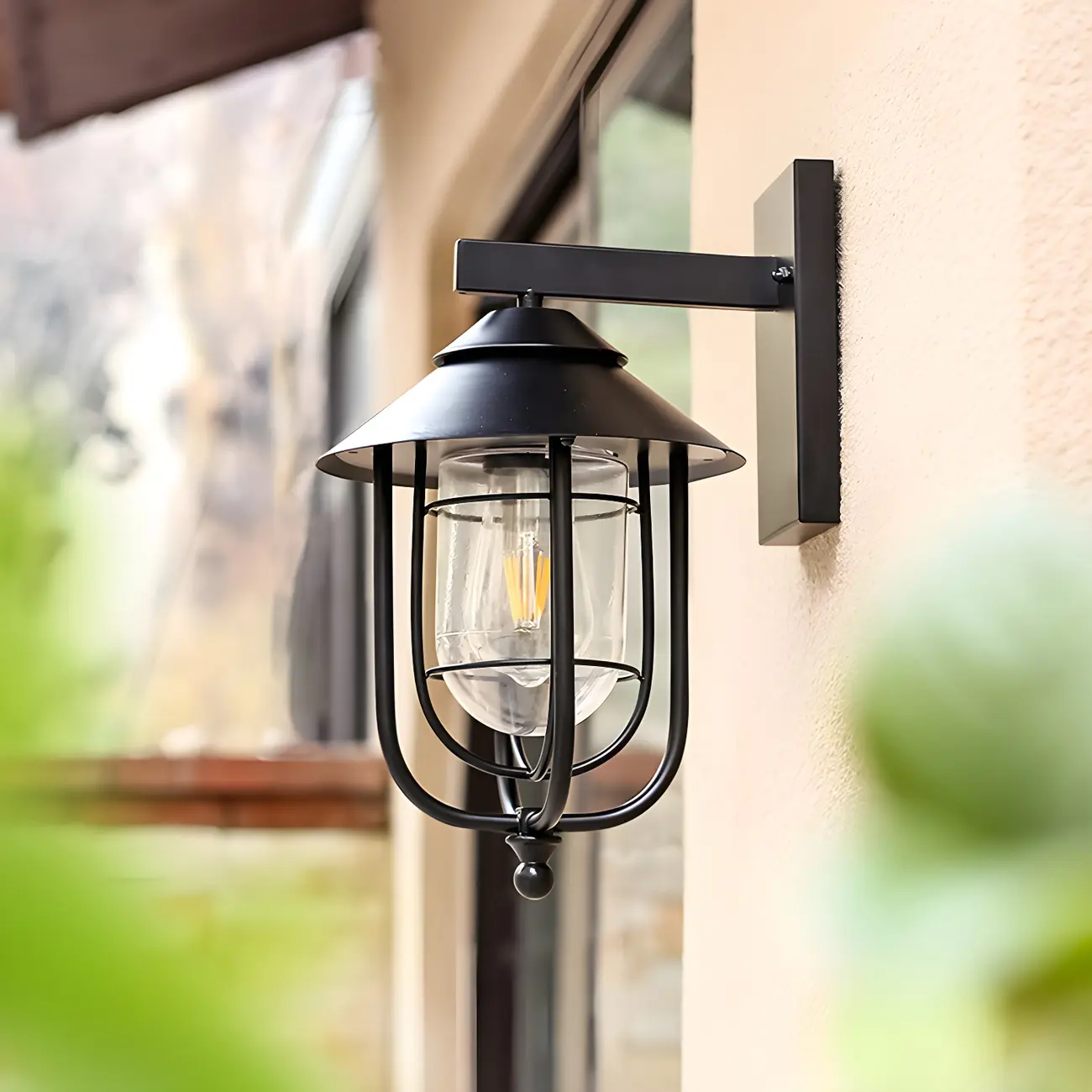 Industrial Black Metal Cylinder Glass Lantern Outdoor Wall Light | homeyfad