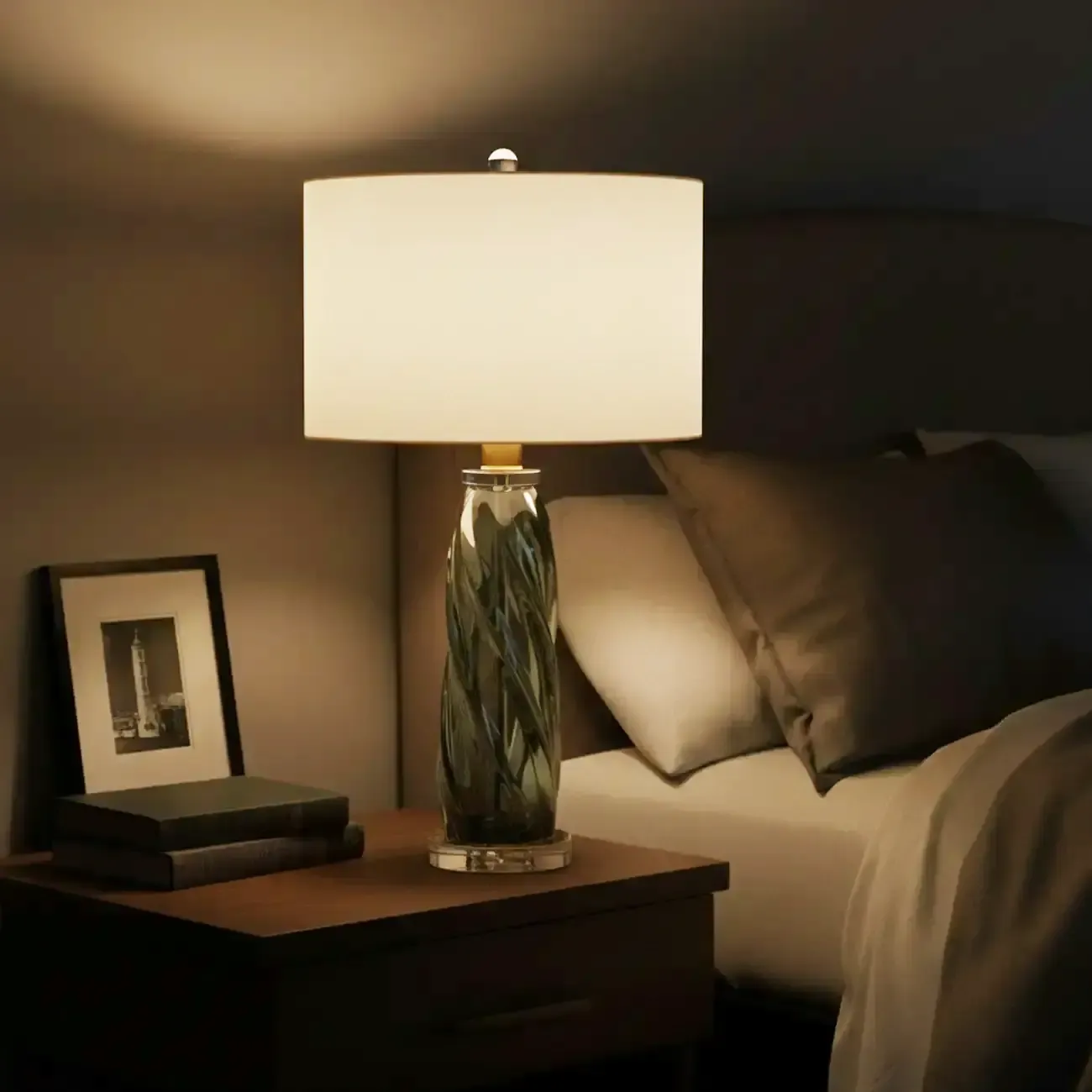 Modern Green Twisted Glass Table Lamp with Fabric Shade Image - 4