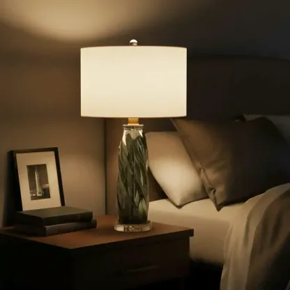 Modern Green Twisted Glass Table Lamp with Fabric Shade Image - 4