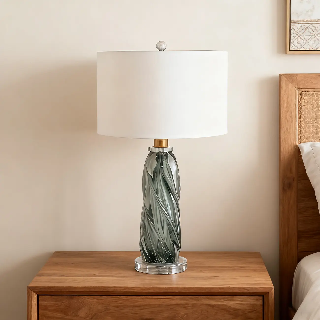Modern Green Twisted Glass Table Lamp with Fabric Shade Image - 5 | homeyfad