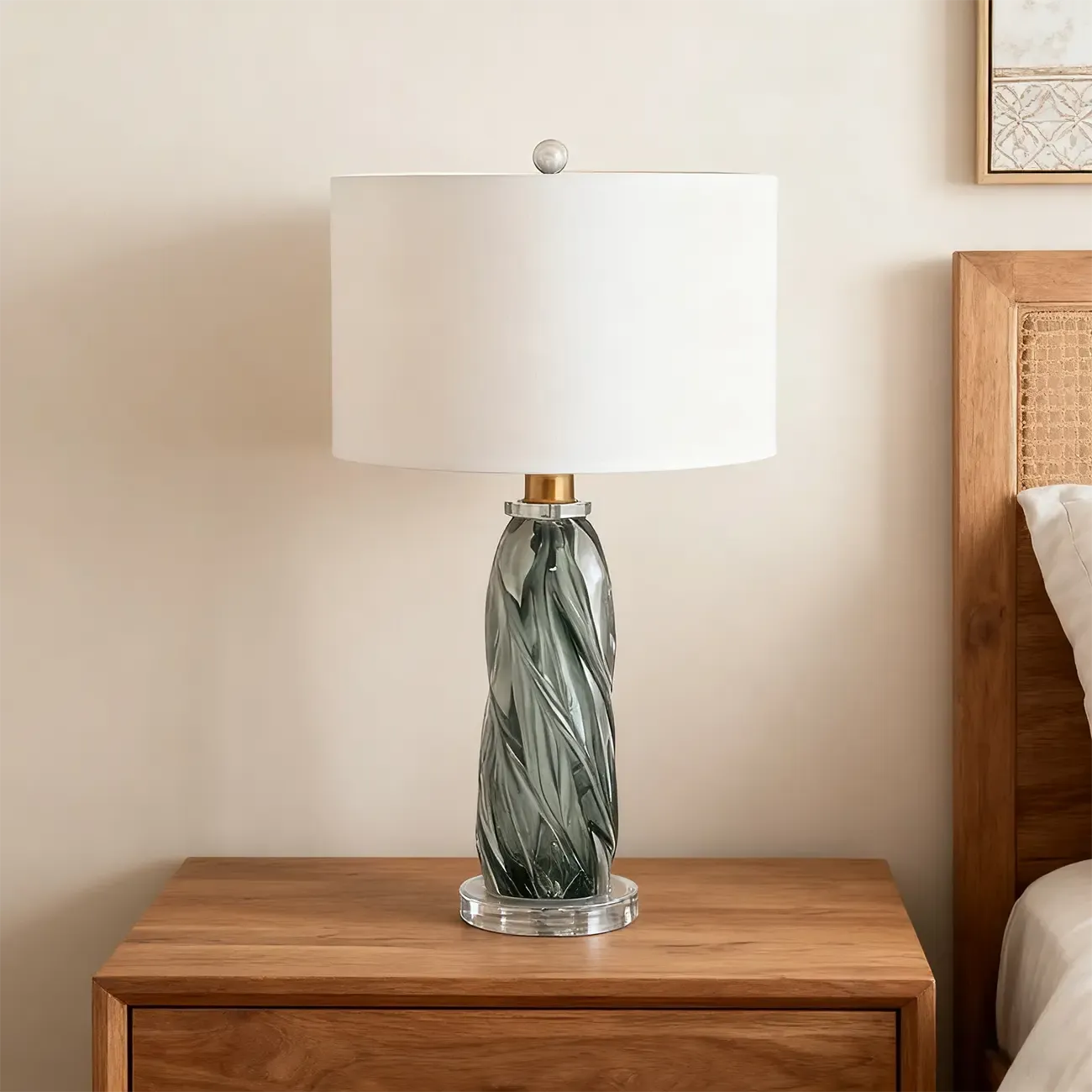 Modern Green Twisted Glass Table Lamp with Fabric Shade - HomeyFad