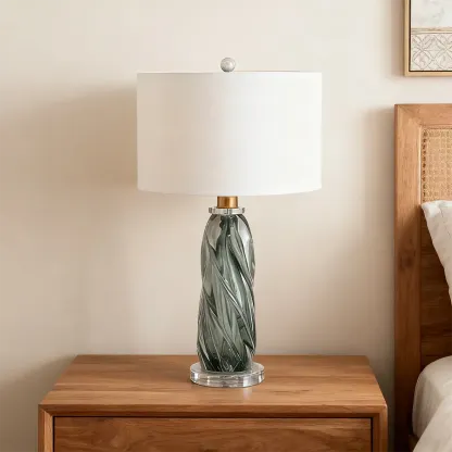 Modern Green Twisted Glass Table Lamp with Fabric Shade Image - 5