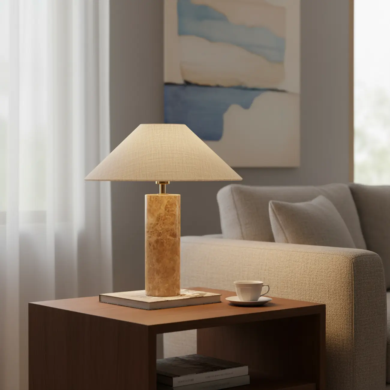 Elegant Beige Marble Base Table Lamp with Fabric Shade Image - 1 | homeyfad