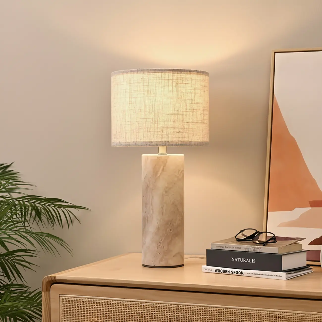 Modern Yellow Travertine Table Lamp with Fabric Shade Image - 10 | homeyfad