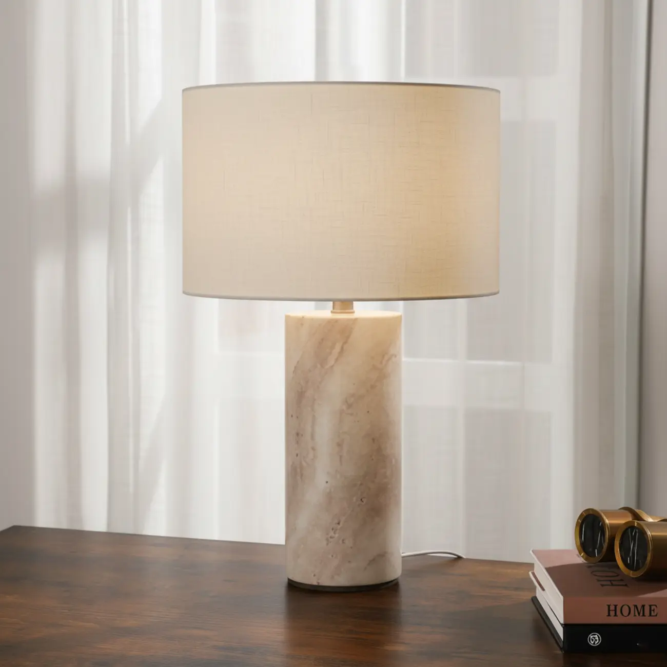 Modern Yellow Travertine Table Lamp with Fabric Shade Image - 2 | homeyfad