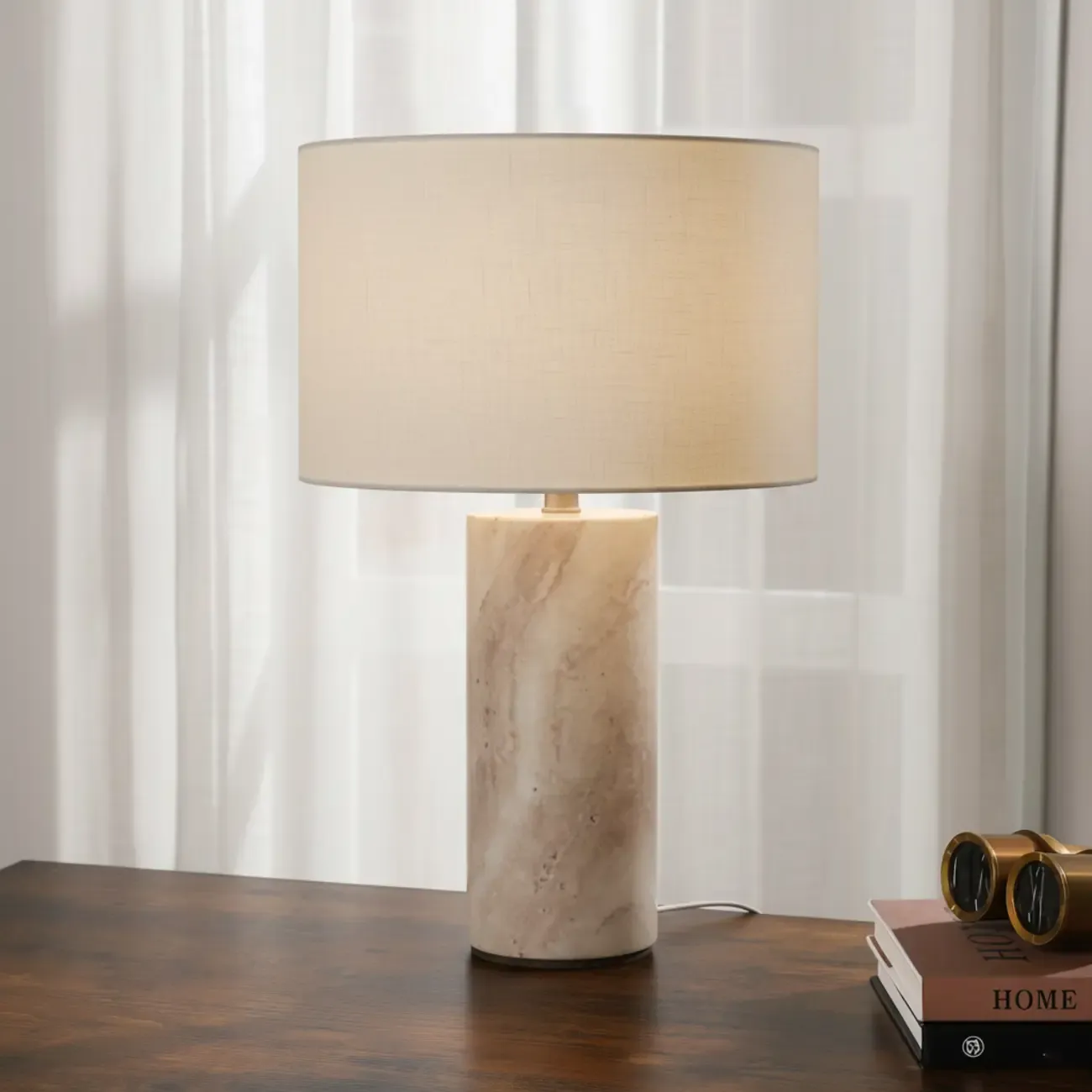 Modern Yellow Travertine Table Lamp with Fabric Shade Image - 2