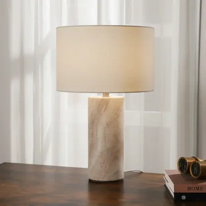 Modern Yellow Travertine Table Lamp with Fabric Shade Image - 2
