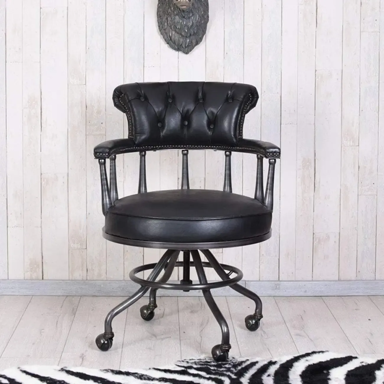 Black Chesterfield Office Chair in Antique Leather Image - 2