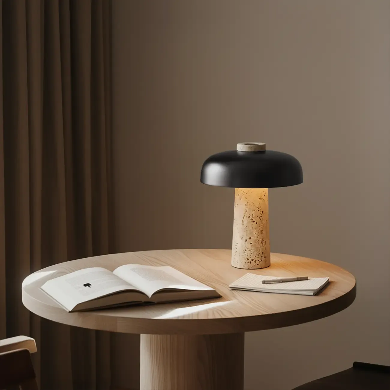 Modern Travertine Stone Table Lamp with Iron Shade Image - 2
