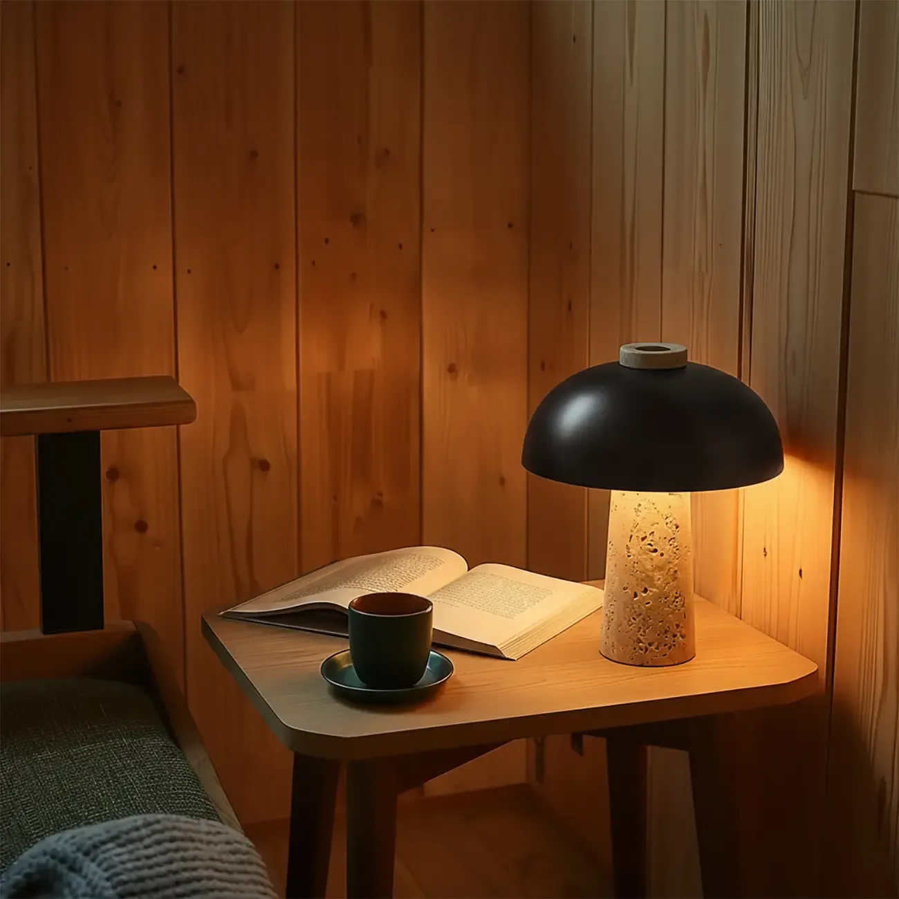 Modern Travertine Stone Table Lamp with Iron Shade Image - 3