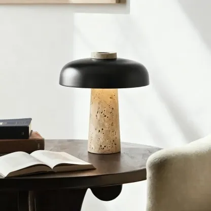 Modern Travertine Stone Table Lamp with Iron Shade Image - 1