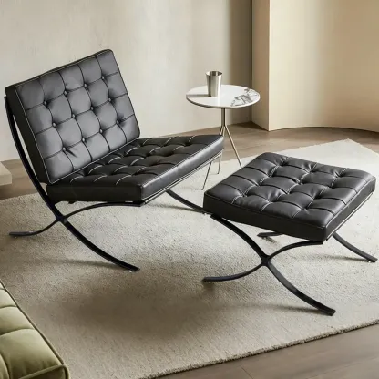 Mid-Century Modern Black Leather Lazy Lounge Accent Chair Image - 2