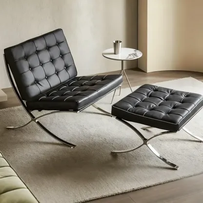 Mid-Century Modern Black Leather Lazy Lounge Accent Chair Image - 1