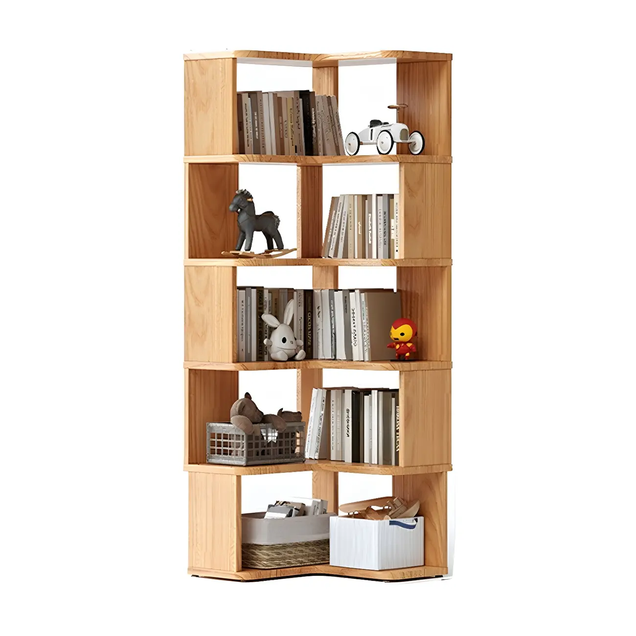 Modern L-Shaped Walnut Wood Open Back Corner Bookcase Image - 7 | homeyfad