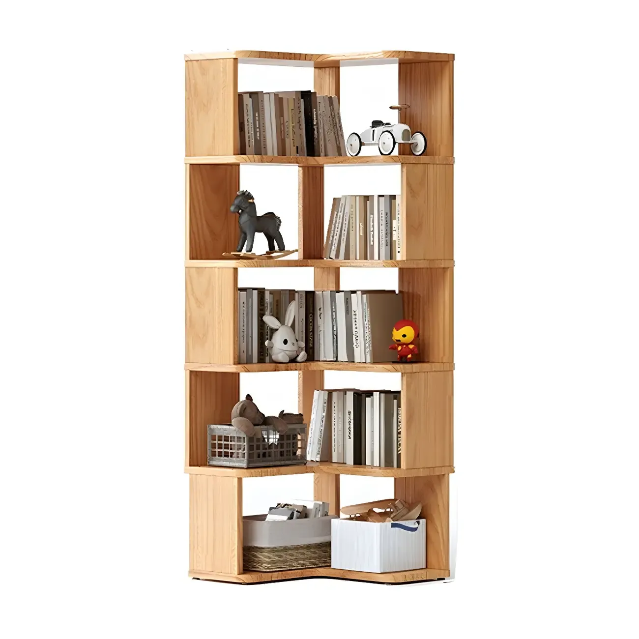 Modern L-Shaped Walnut Wood Open Back Corner Bookcase Image - 7