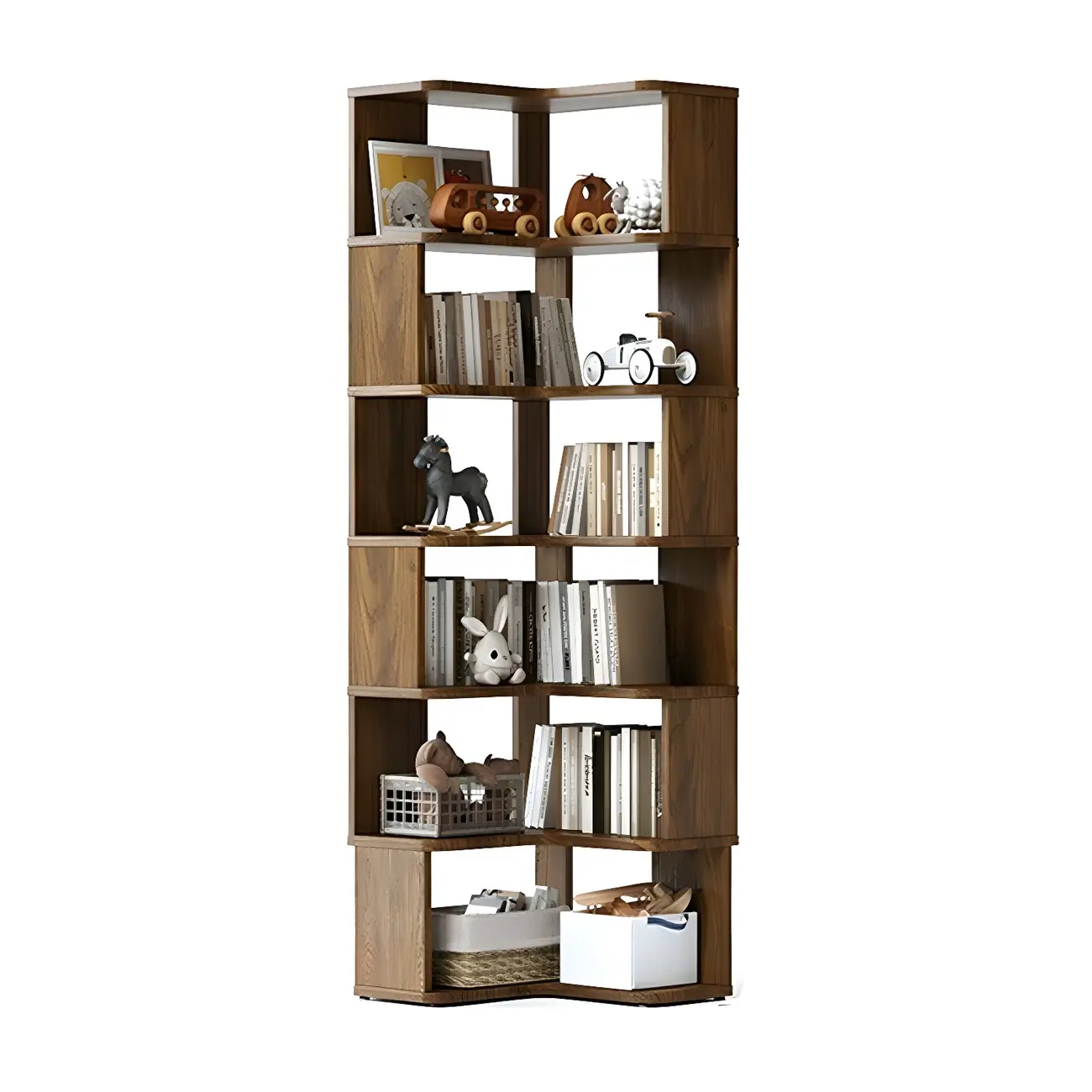 Modern L-Shaped Walnut Wood Open Back Corner Bookcase Image - 8 | homeyfad
