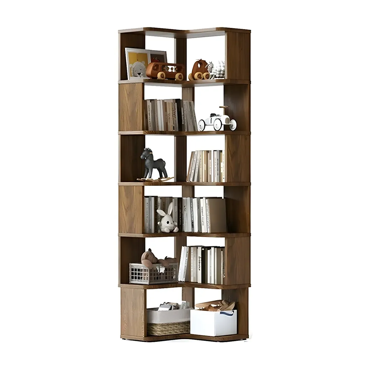 Modern L-Shaped Walnut Wood Open Back Corner Bookcase Image - 8