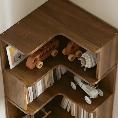 Modern L-Shaped Walnut Wood Open Back Corner Bookcase Image - 3