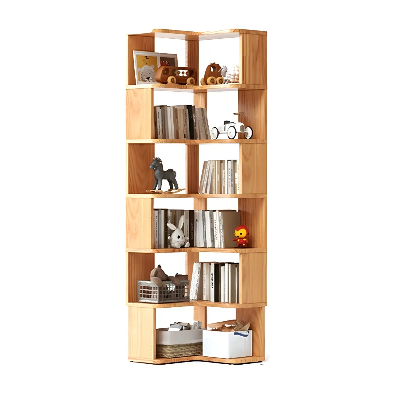 Modern L-Shaped Walnut Wood Open Back Corner Bookcase Image - 9 | homeyfad