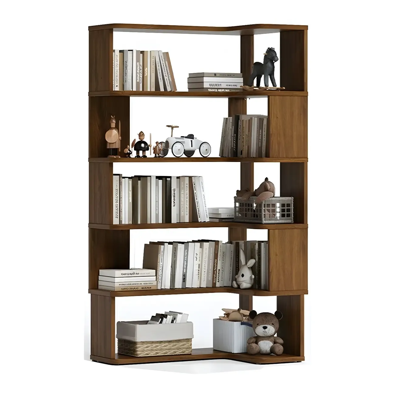 Modern L-Shaped Walnut Wood Open Back Corner Bookcase Image - 10