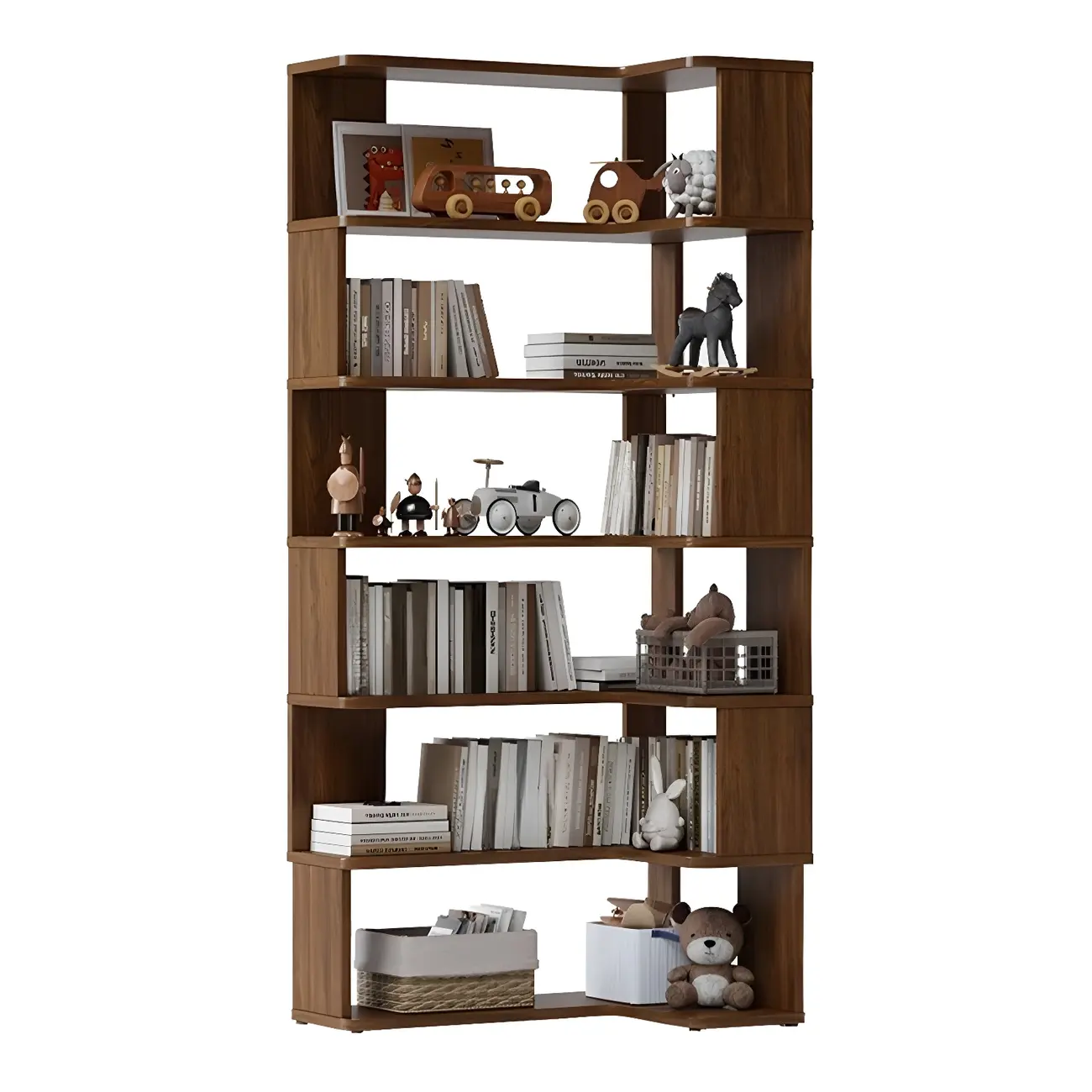 Modern L-Shaped Walnut Wood Open Back Corner Bookcase Image - 11 | homeyfad