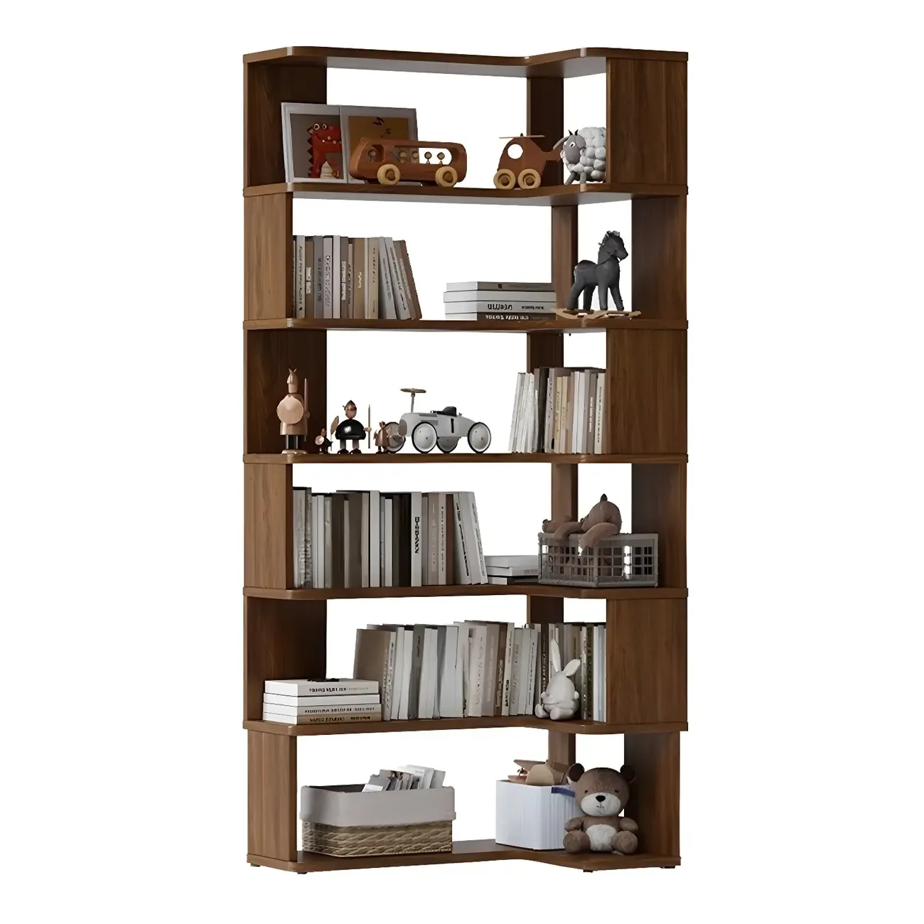 Modern L-Shaped Walnut Wood Open Back Corner Bookcase Image - 11