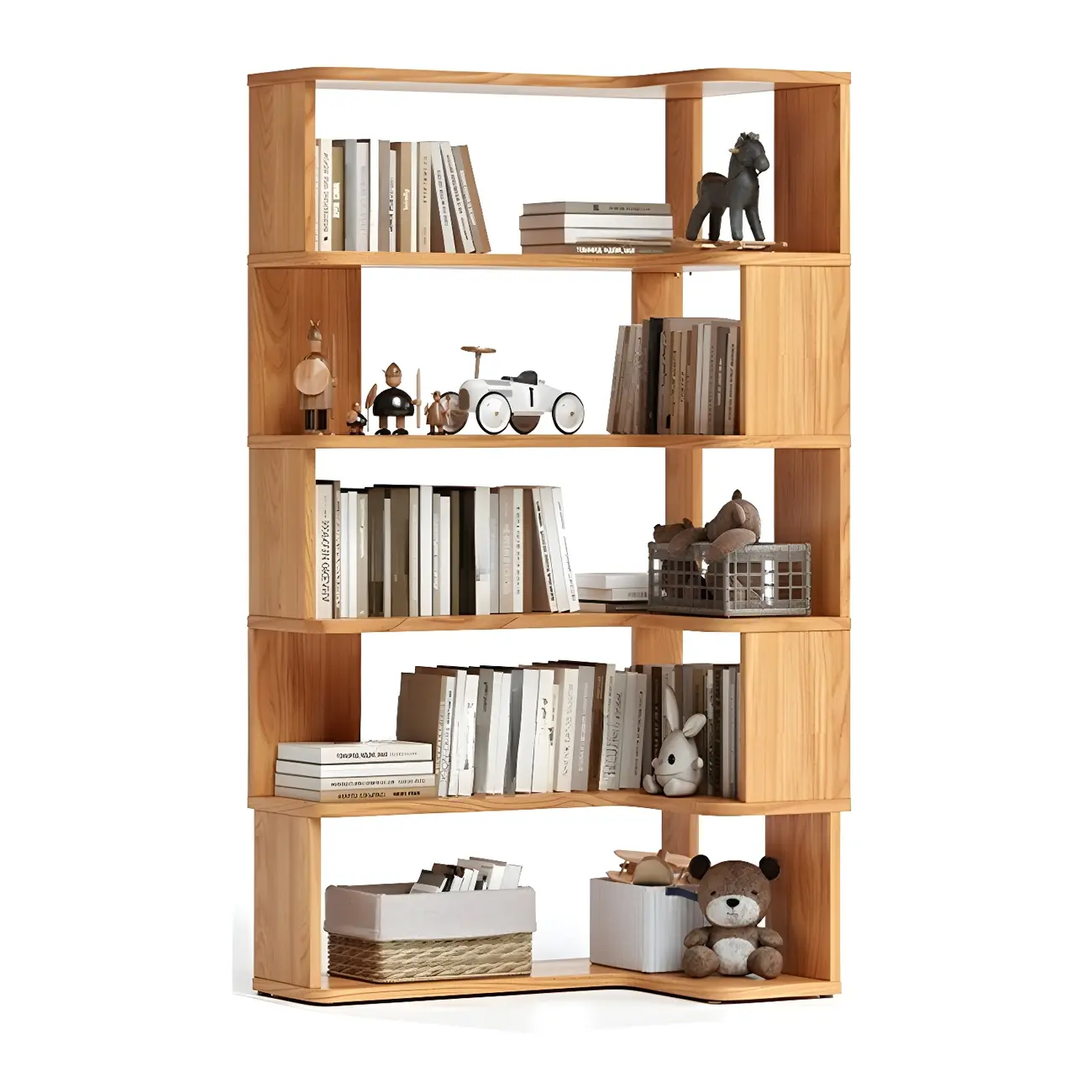 Modern L-Shaped Walnut Wood Open Back Corner Bookcase Image - 12 | homeyfad