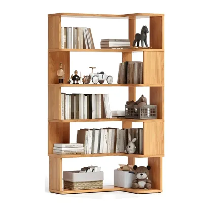 Modern L-Shaped Walnut Wood Open Back Corner Bookcase Image - 12