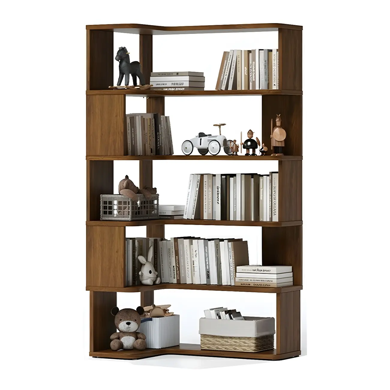 Modern L-Shaped Walnut Wood Open Back Corner Bookcase Image - 13 | homeyfad