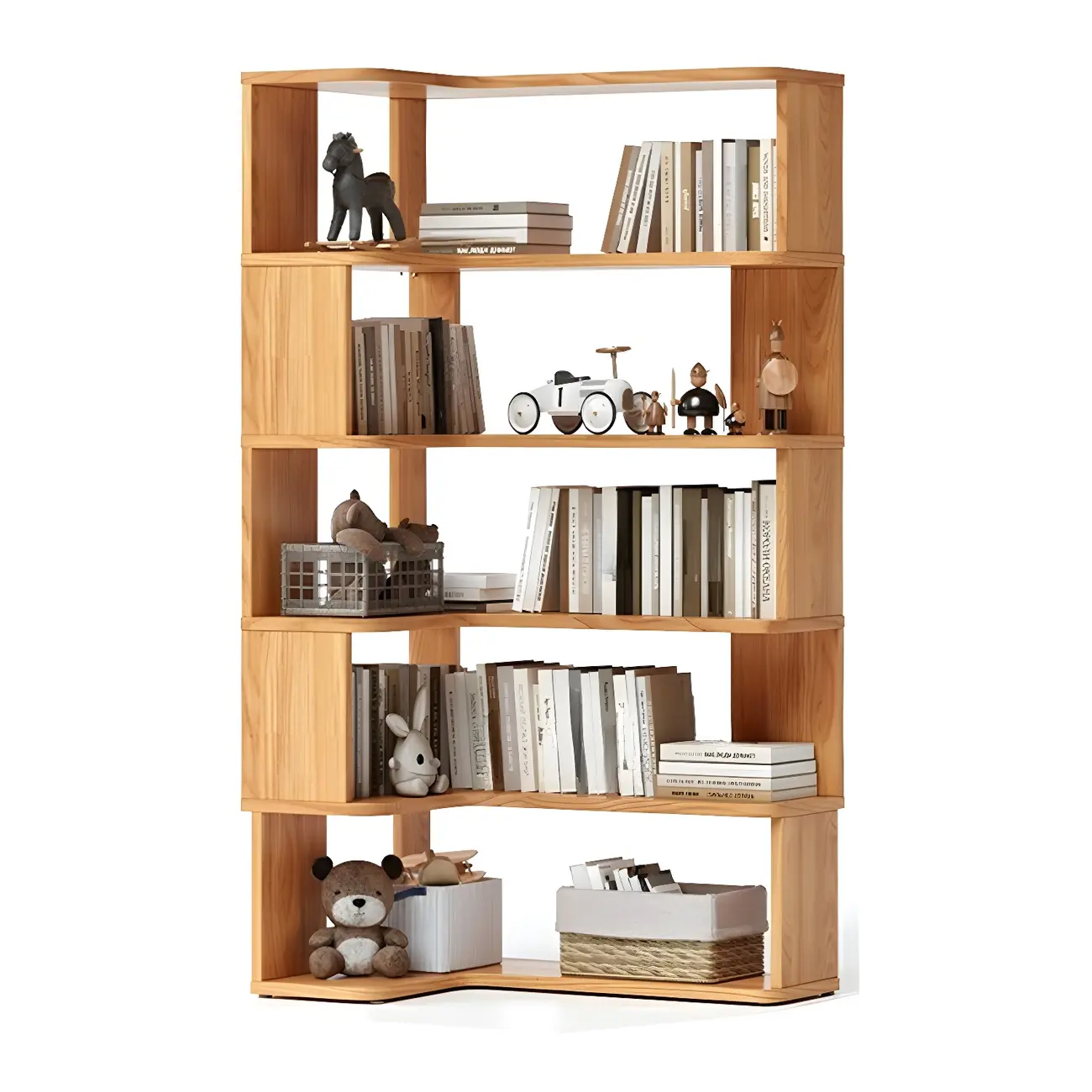 Modern L-Shaped Walnut Wood Open Back Corner Bookcase Image - 14 | homeyfad