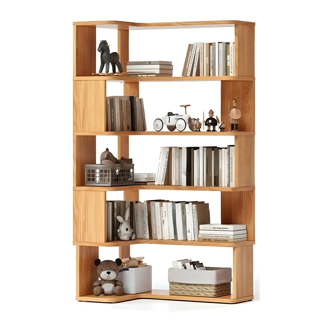Modern L-Shaped Walnut Wood Open Back Corner Bookcase Image - 14