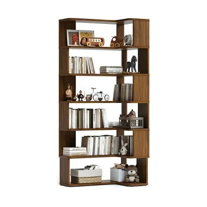 Modern L-Shaped Walnut Wood Open Back Corner Bookcase Image - 15