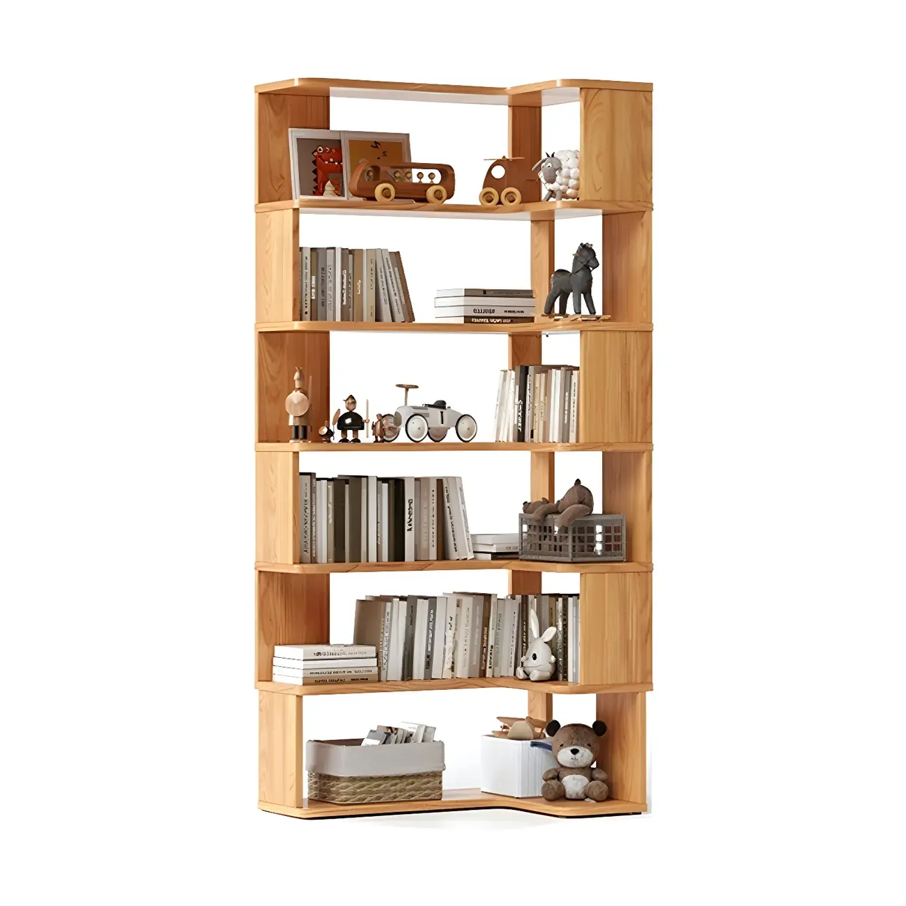 Modern L-Shaped Walnut Wood Open Back Corner Bookcase Image - 16 | homeyfad
