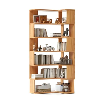 Modern L-Shaped Walnut Wood Open Back Corner Bookcase Image - 16