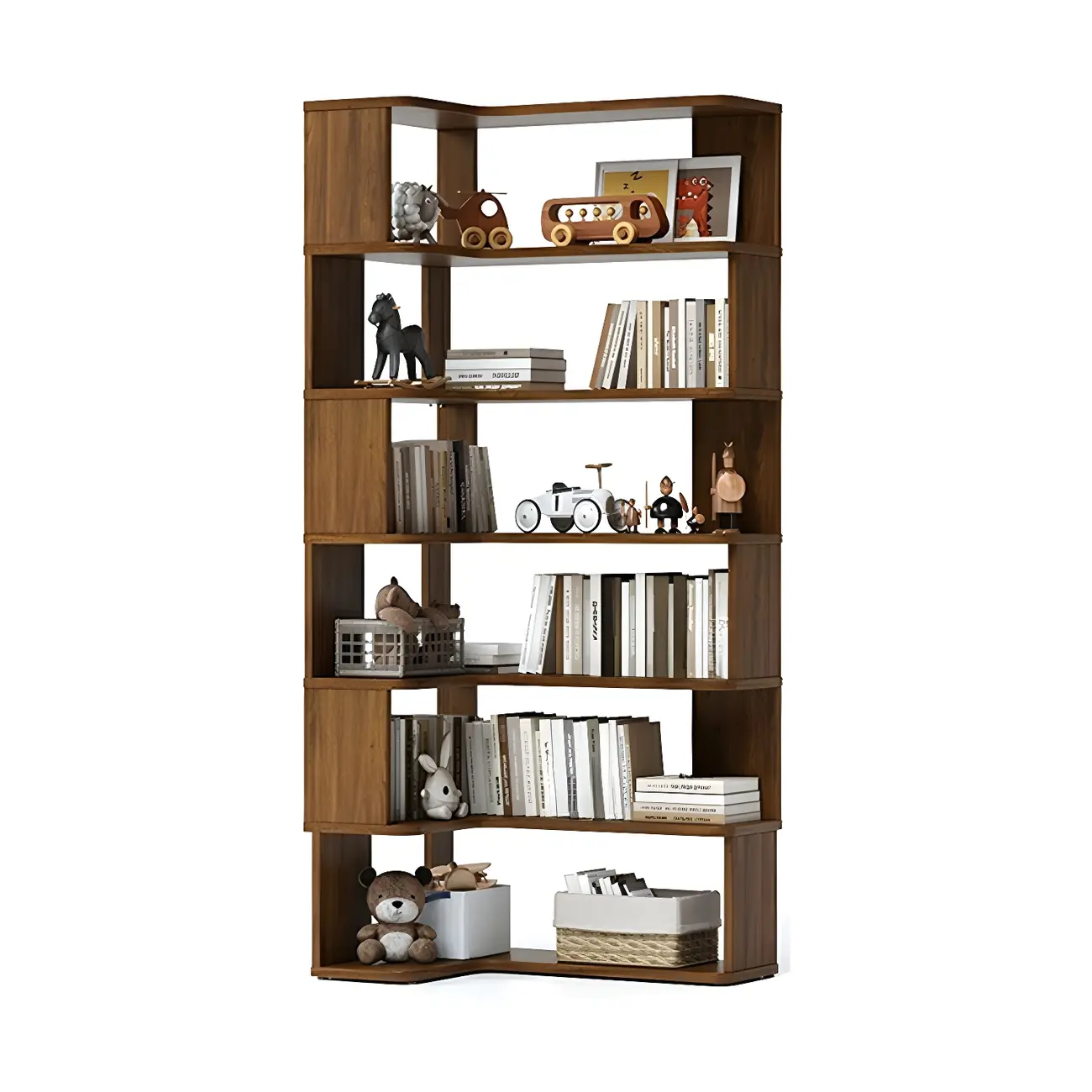 Modern L-Shaped Walnut Wood Open Back Corner Bookcase Image - 17 | homeyfad