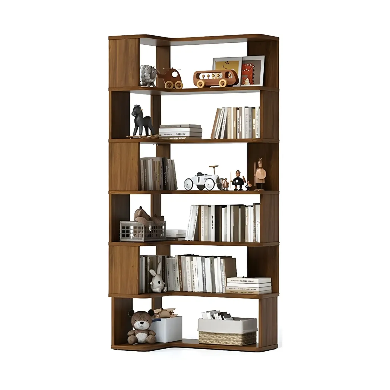 Modern L-Shaped Walnut Wood Open Back Corner Bookcase Image - 17