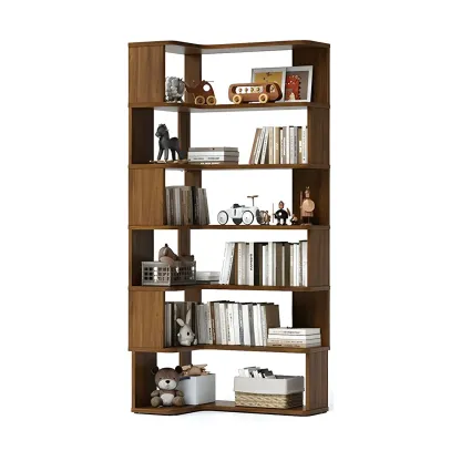 Modern L-Shaped Walnut Wood Open Back Corner Bookcase Image - 17