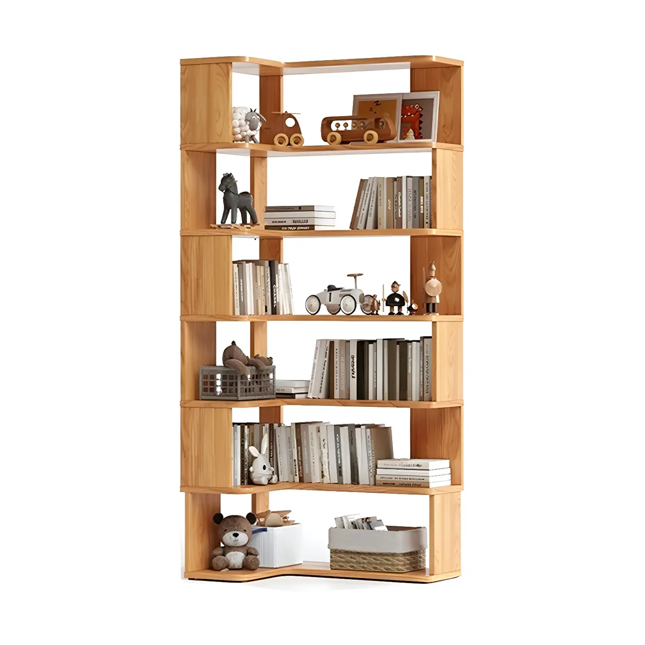 Modern L-Shaped Walnut Wood Open Back Corner Bookcase Image - 18 | homeyfad