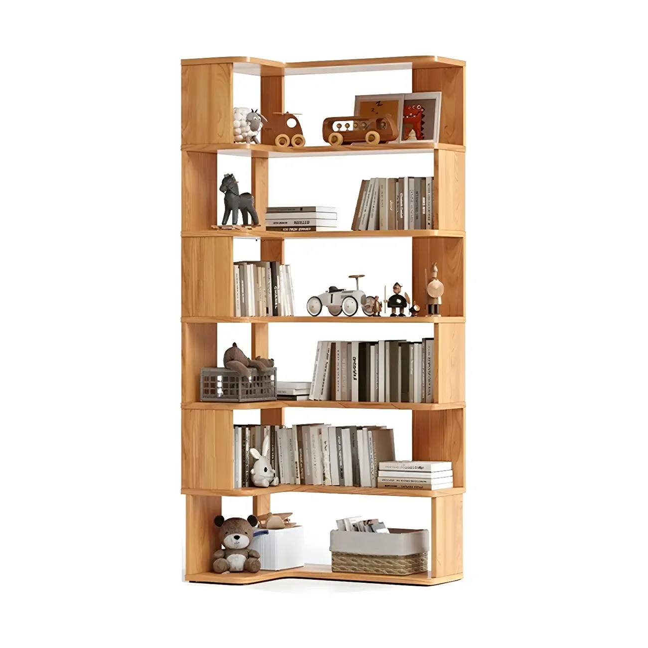 Modern L-Shaped Walnut Wood Open Back Corner Bookcase Image - 18