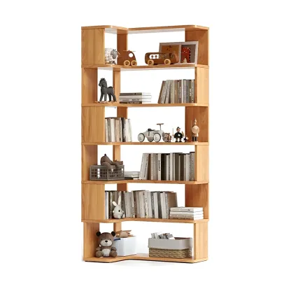 Modern L-Shaped Walnut Wood Open Back Corner Bookcase Image - 18