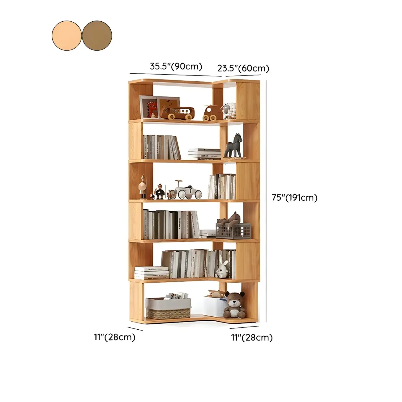 Modern L-Shaped Walnut Wood Open Back Corner Bookcase #size