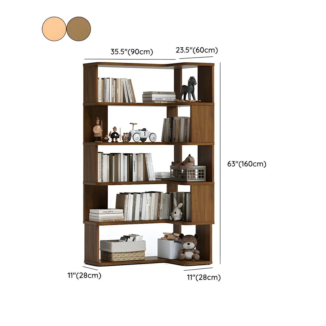 Modern L-Shaped Walnut Wood Open Back Corner Bookcase Image - 21 | homeyfad