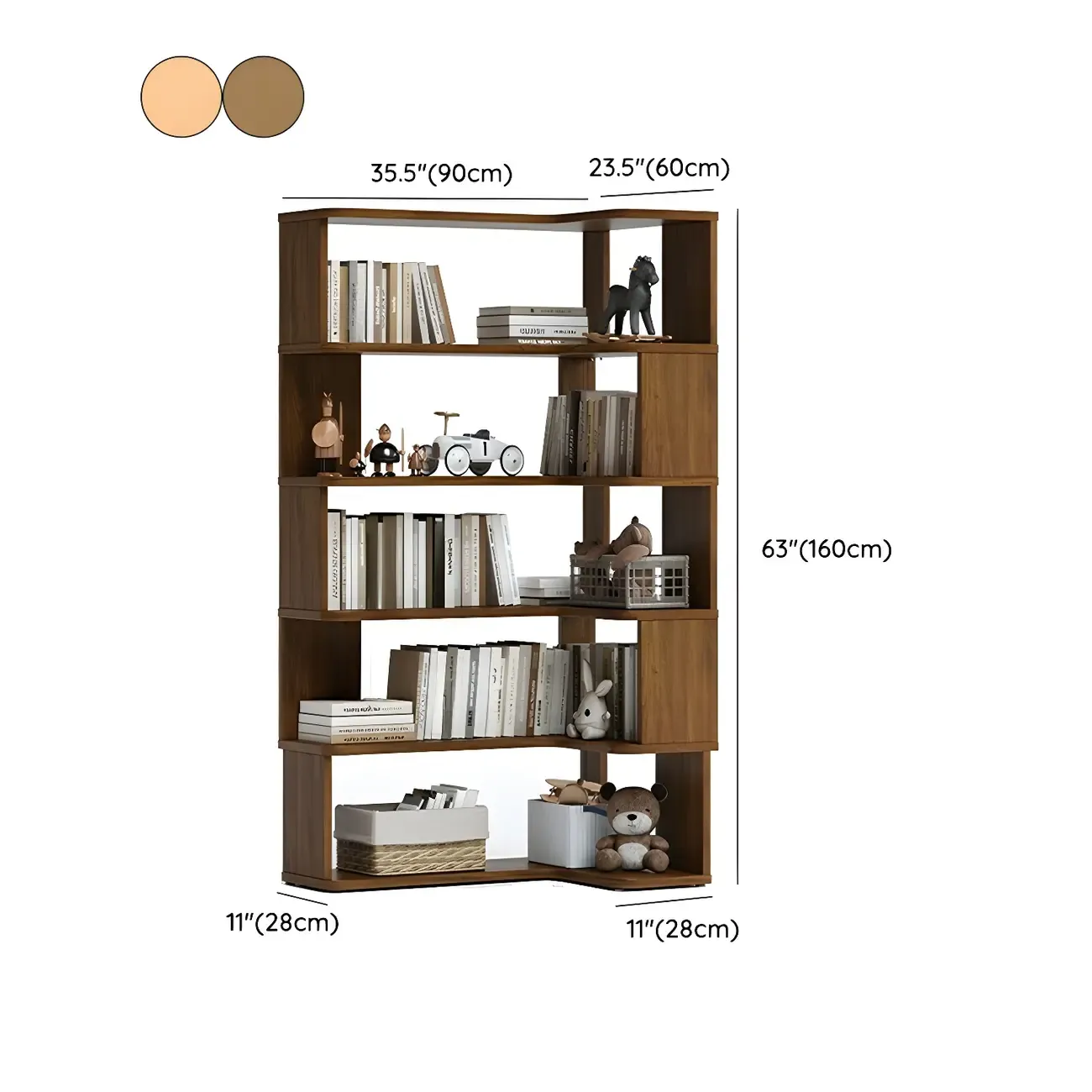 Modern L-Shaped Walnut Wood Open Back Corner Bookcase Image - 21