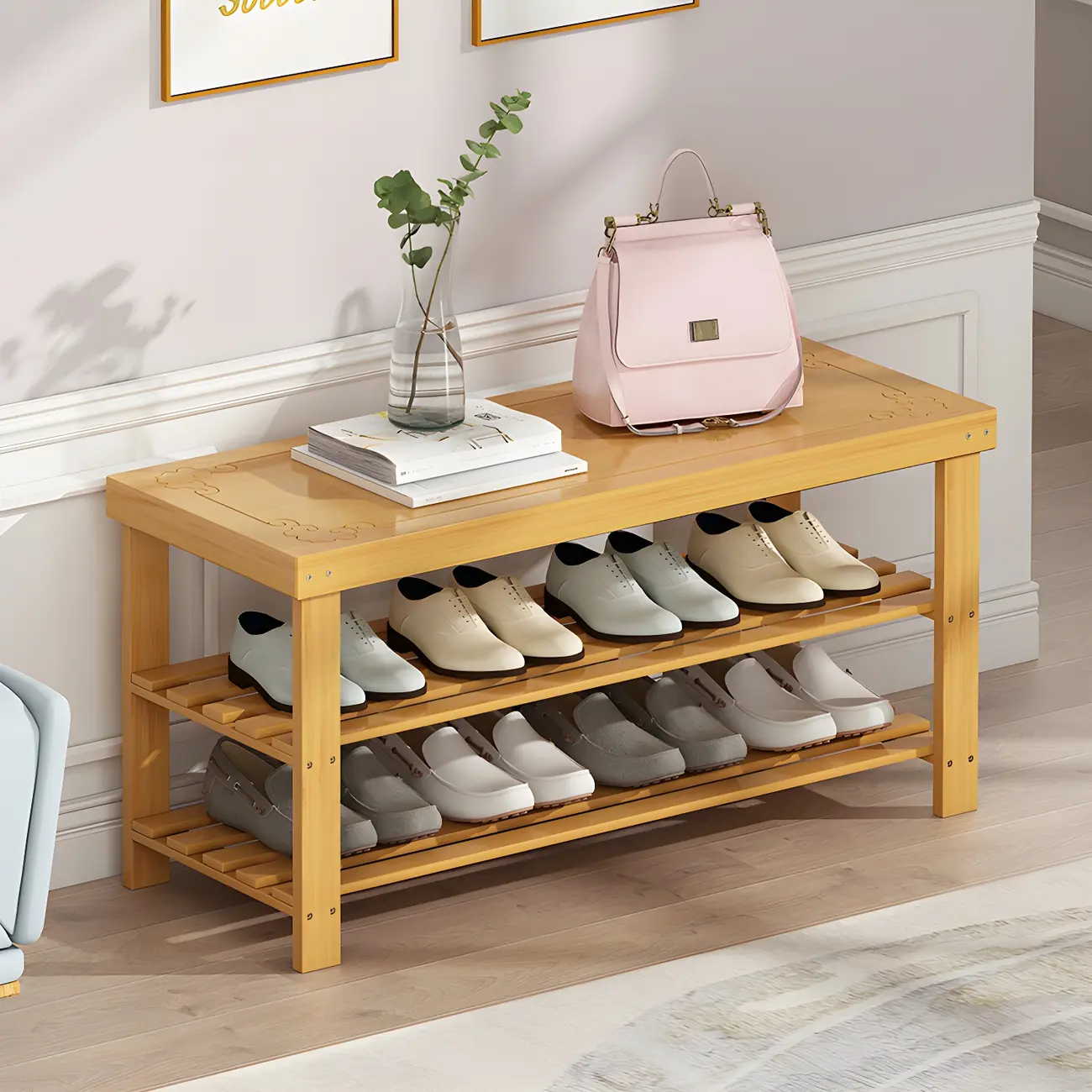 Entryway Bamboo Natural Shoe Storage Bench Image - 2 | homeyfad