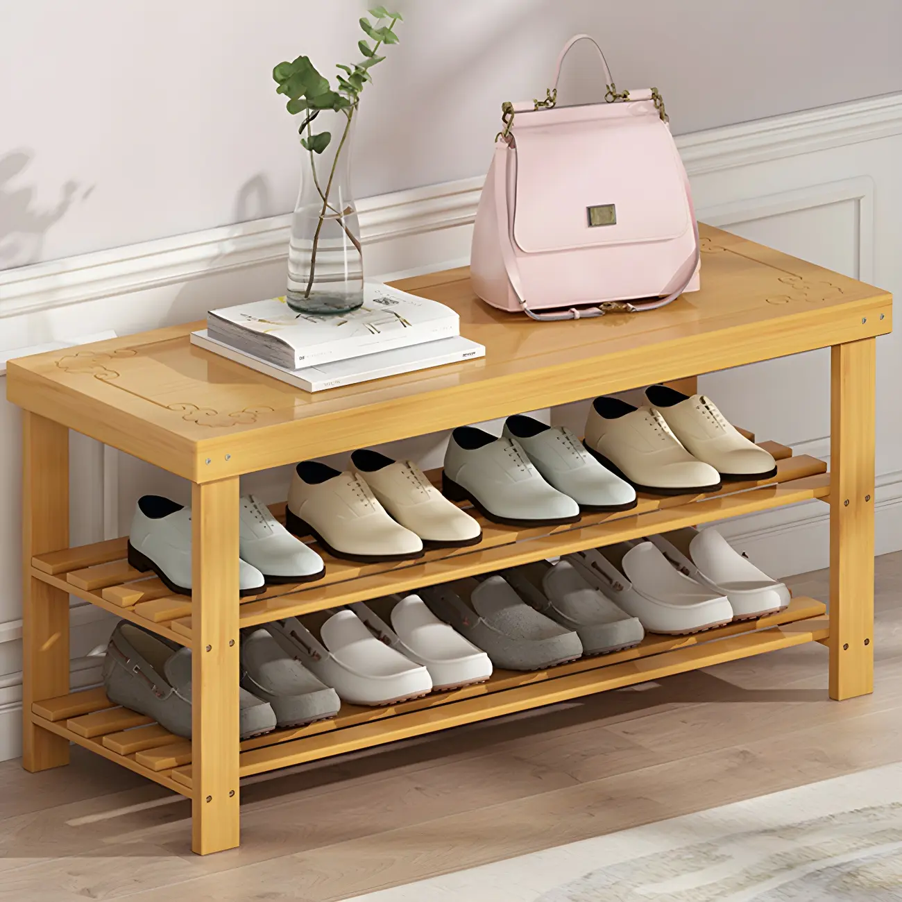 Entryway Bamboo Natural Shoe Storage Bench Image - 1 | homeyfad