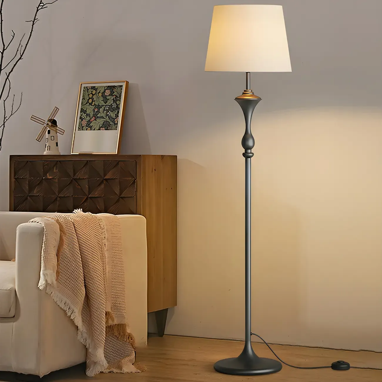 Black Metal Modern Floor Lamp with Shelves for Living Room Image - 5